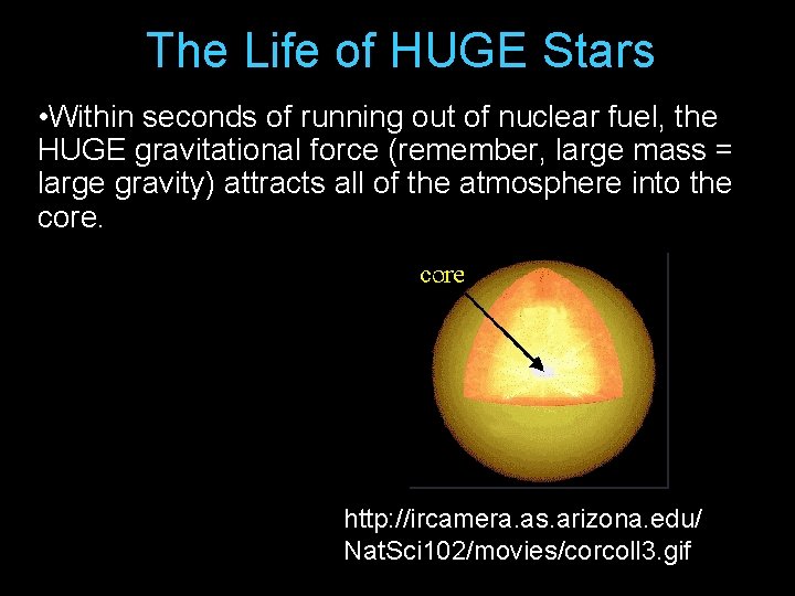 The Life of HUGE Stars • Within seconds of running out of nuclear fuel,