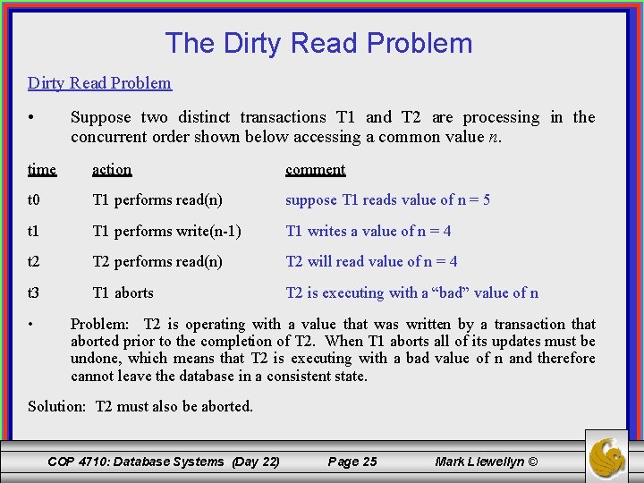 The Dirty Read Problem • Suppose two distinct transactions T 1 and T 2