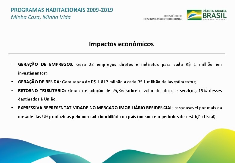 PROGRAMAS HABITACIONAIS 2009 -2019 Minha Casa, Minha Vida Impactos econômicos • GERAÇÃO DE EMPREGOS: