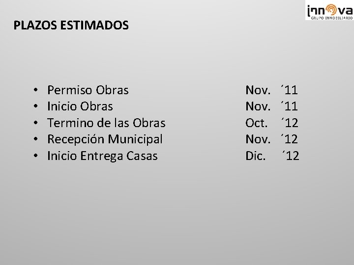 PLAZOS ESTIMADOS • Permiso Obras • Inicio Obras • Termino de las Obras •