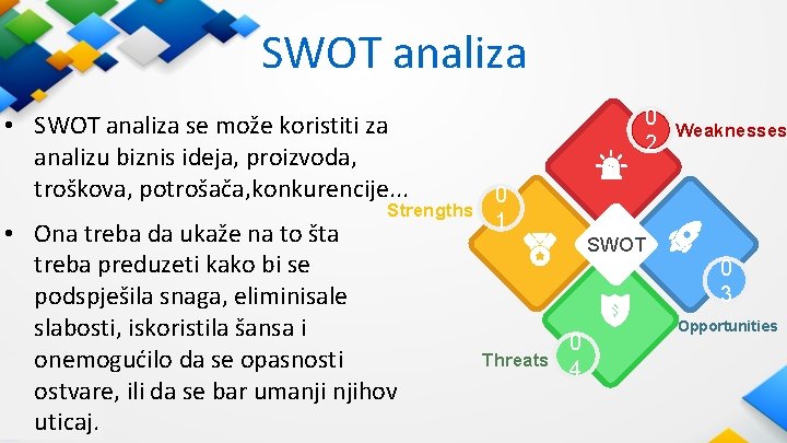 SWOT analiza • SWOT analiza se može koristiti za analizu biznis ideja, proizvoda, troškova,