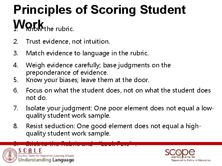 Principles of Scoring Student Work 1. Know the rubric. 2. Trust evidence, not intuition.