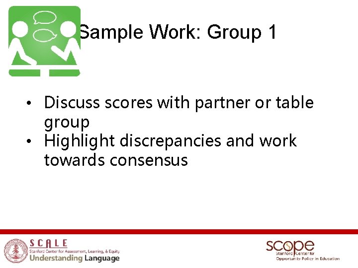 Sample Work: Group 1 • Discuss scores with partner or table group • Highlight