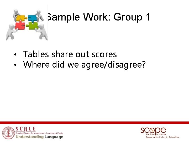 Sample Work: Group 1 • Tables share out scores • Where did we agree/disagree?