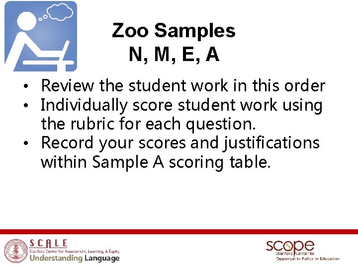 Zoo Samples N, M, E, A • Review the student work in this order