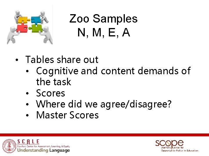 Zoo Samples N, M, E, A • Tables share out • Cognitive and content