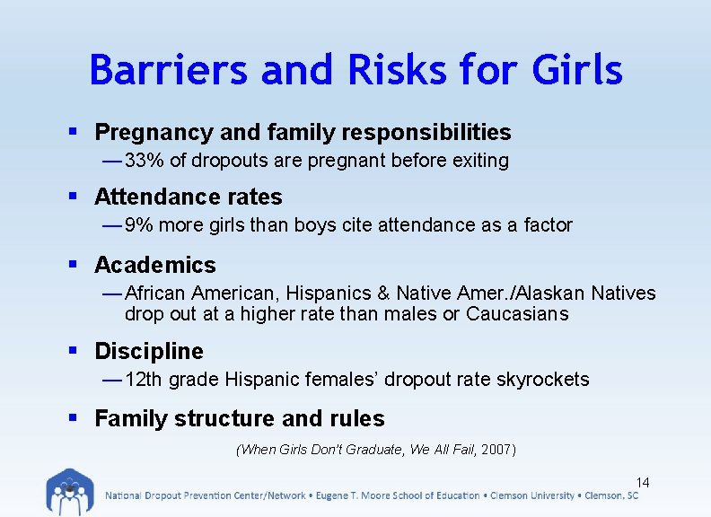 Barriers and Risks for Girls § Pregnancy and family responsibilities — 33% of dropouts