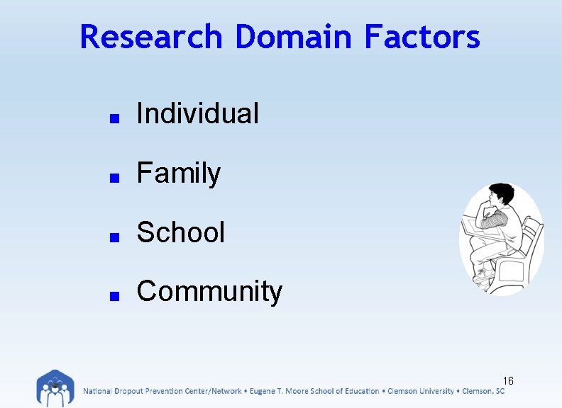 Research Domain Factors ■ Individual ■ Family ■ School ■ Community 16 