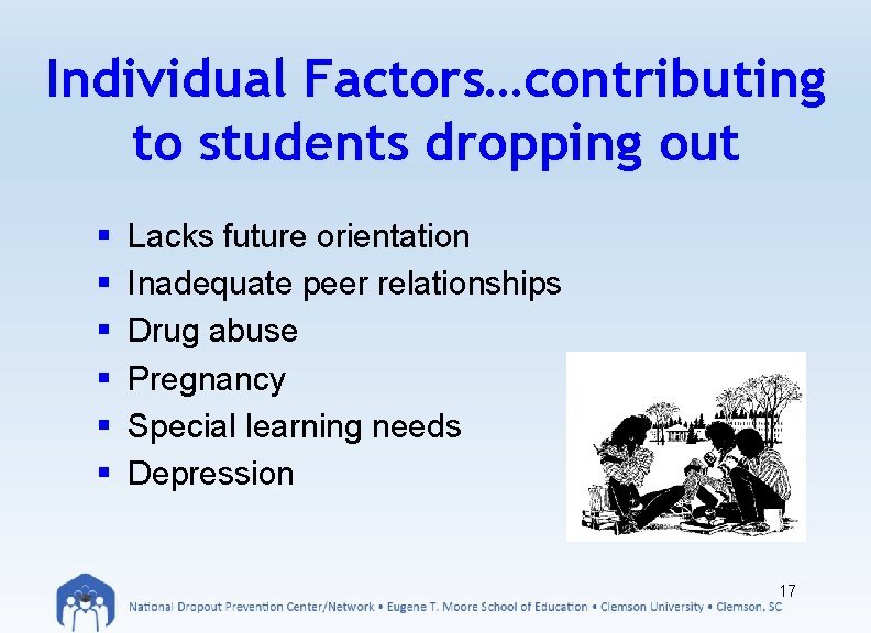 Individual Factors…contributing to students dropping out § § § Lacks future orientation Inadequate peer