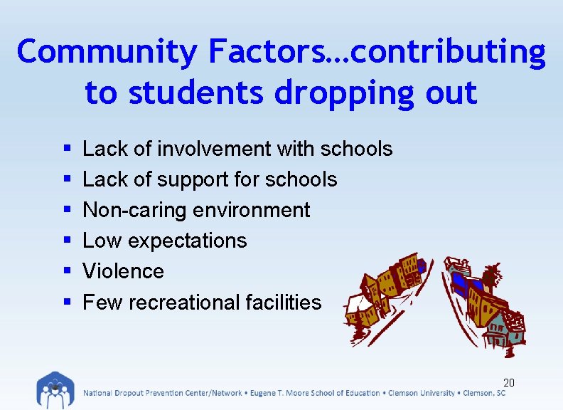Community Factors…contributing to students dropping out § § § Lack of involvement with schools