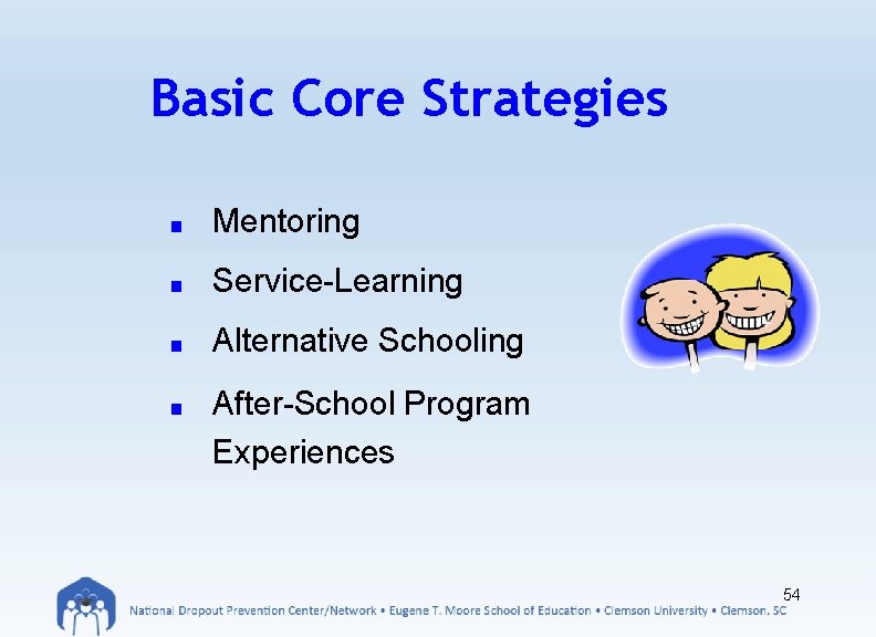 Basic Core Strategies ■ Mentoring ■ Service-Learning ■ Alternative Schooling ■ After-School Program Experiences