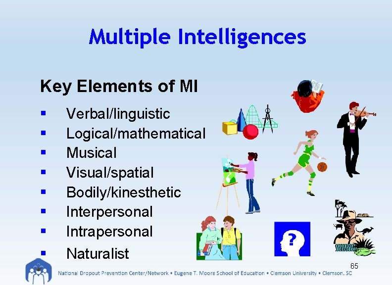 Multiple Intelligences Key Elements of MI § § § § Verbal/linguistic Logical/mathematical Musical Visual/spatial