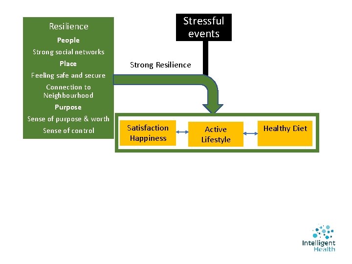 Stressful events Resilience People Strong social networks Place Feeling safe and secure Connection to