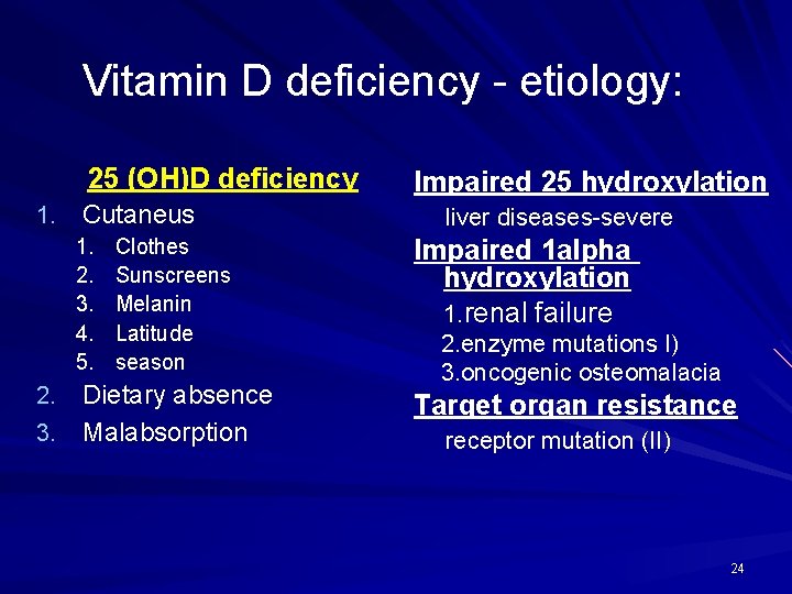 Vitamin D deficiency - etiology: 25 (OH)D deficiency 1. Cutaneus 1. 2. 3. 4.
