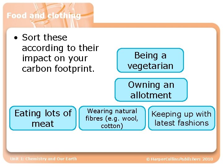 Food and clothing • Sort these according to their impact on your carbon footprint.