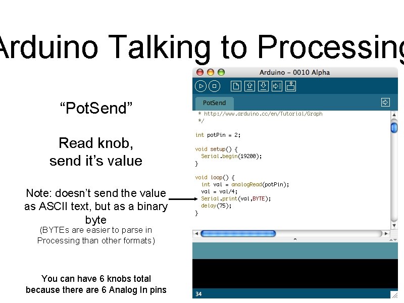 Arduino Talking to Processing “Pot. Send” Read knob, send it’s value Note: doesn’t send Arduino Talking to Processing “Pot. Send” Read knob, send it’s value Note: doesn’t send