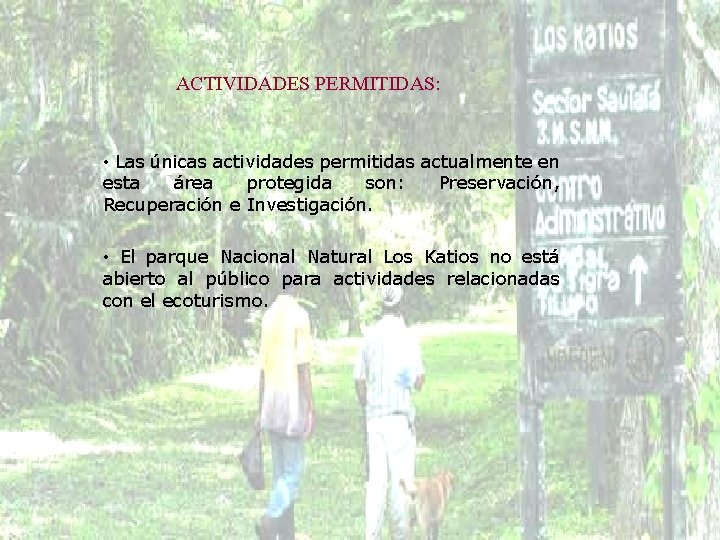 ACTIVIDADES PERMITIDAS: • Las únicas actividades permitidas actualmente en esta área protegida son: Preservación,