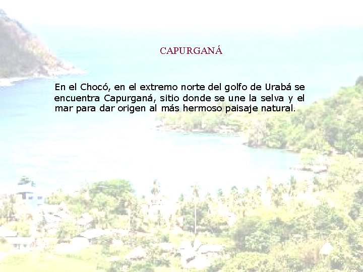 CAPURGANÁ En el Chocó, en el extremo norte del golfo de Urabá se encuentra