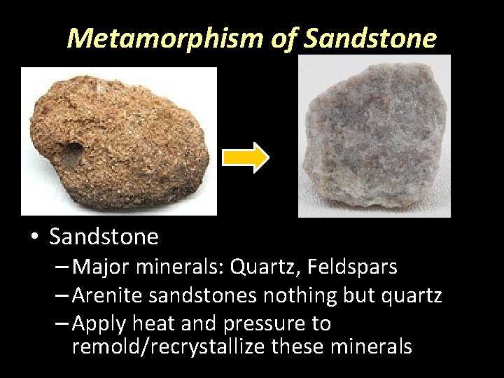 Metamorphism of Sandstone • Sandstone – Major minerals: Quartz, Feldspars – Arenite sandstones nothing