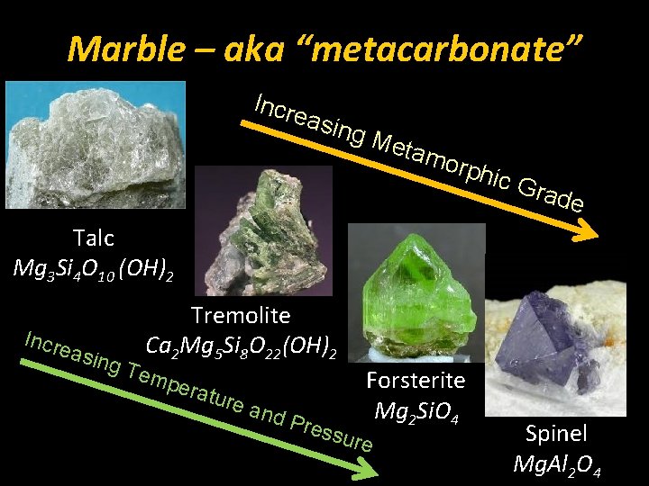 Marble – aka “metacarbonate” Incr easi ng M etam orph ic G r ade