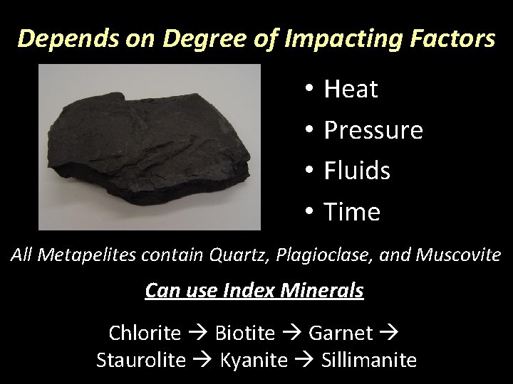 Depends on Degree of Impacting Factors • • Heat Pressure Fluids Time All Metapelites