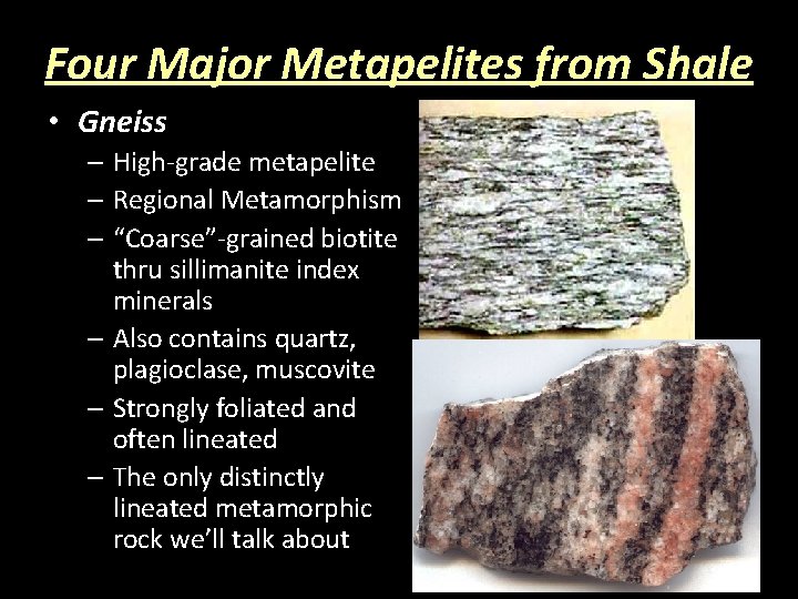 Four Major Metapelites from Shale • Gneiss – High-grade metapelite – Regional Metamorphism –