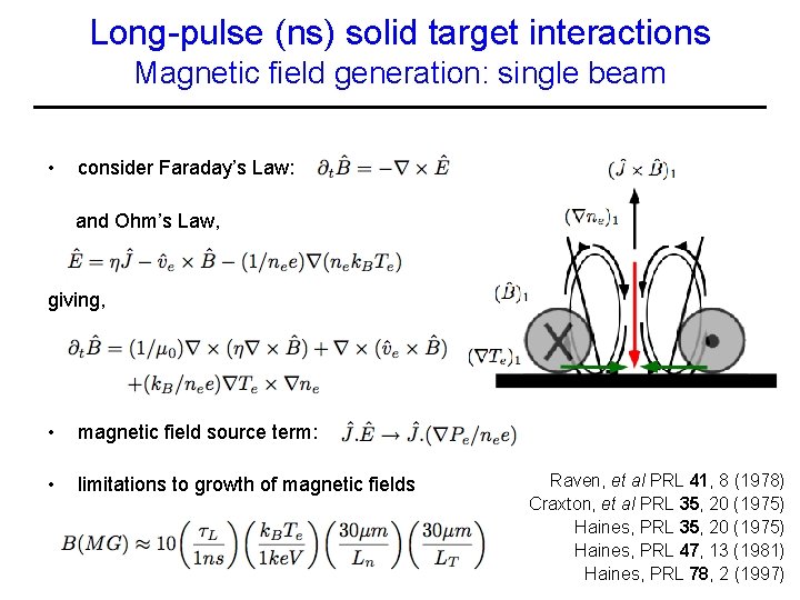 Long-pulse (ns) solid target interactions Magnetic field generation: single beam • consider Faraday’s Law: