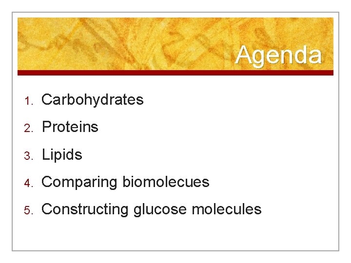 Agenda 1. Carbohydrates 2. Proteins 3. Lipids 4. Comparing biomolecues 5. Constructing glucose molecules