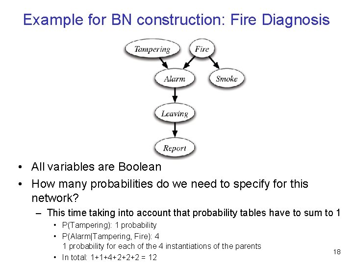 Example for BN construction: Fire Diagnosis • All variables are Boolean • How many