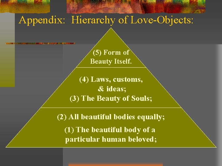 Appendix: Hierarchy of Love-Objects: (5) Form of Beauty Itself. (4) Laws, customs, & ideas;