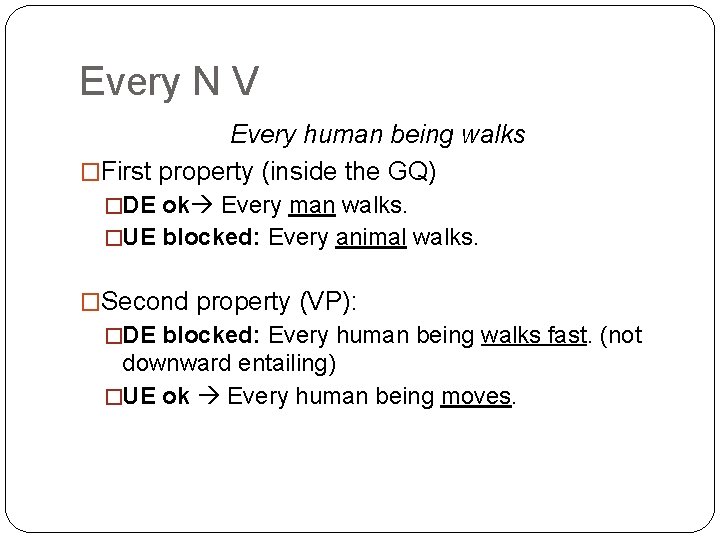 Every N V Every human being walks �First property (inside the GQ) �DE ok