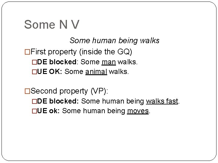 Some N V Some human being walks �First property (inside the GQ) �DE blocked: