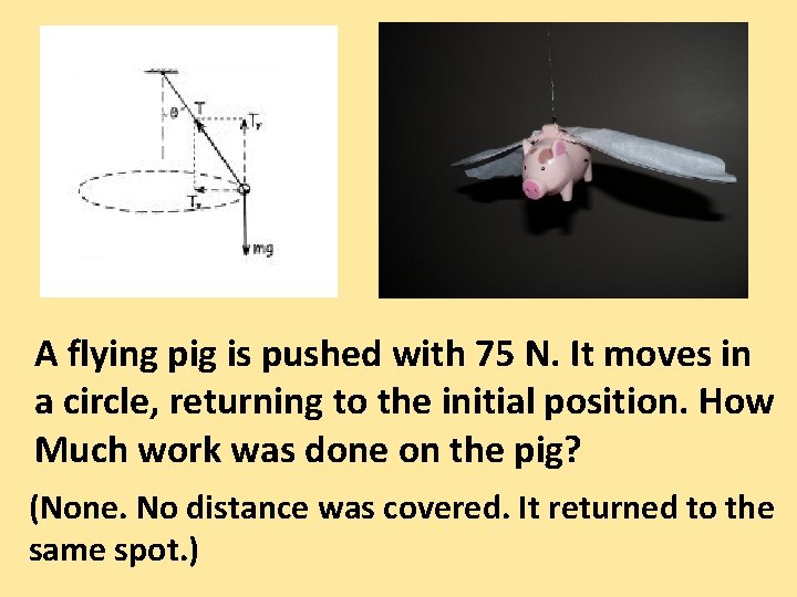 A flying pig is pushed with 75 N. It moves in a circle, returning