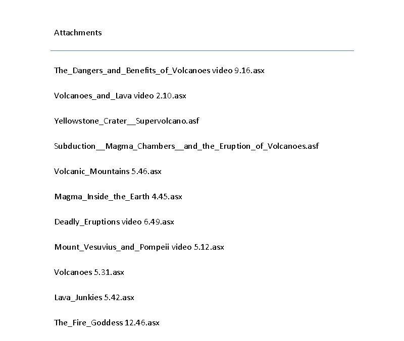 Attachments The_Dangers_and_Benefits_of_Volcanoes video 9. 16. asx Volcanoes_and_Lava video 2. 10. asx Yellowstone_Crater__Supervolcano. asf Subduction__Magma_Chambers__and_the_Eruption_of_Volcanoes.