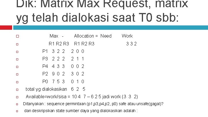 Dik: Matrix Max Request, matrix yg telah dialokasi saat T 0 sbb: Max -