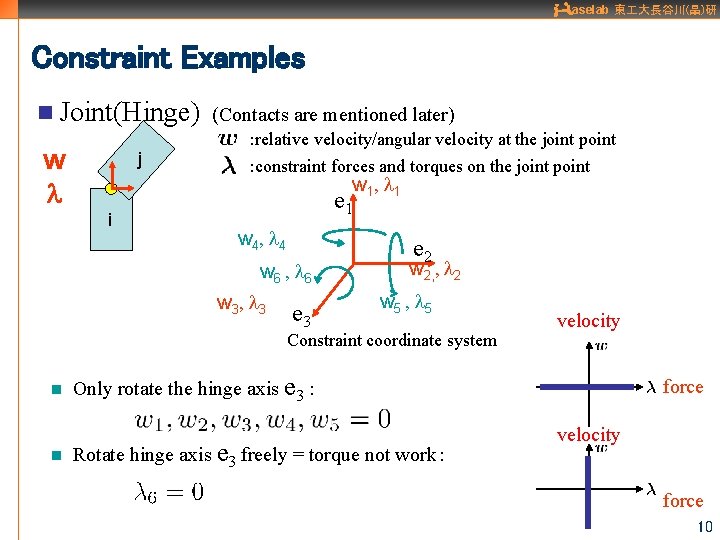 aselab 東 大長谷川(晶)研 Constraint Examples n Joint(Hinge) (Contacts are mentioned later) : relative velocity/angular