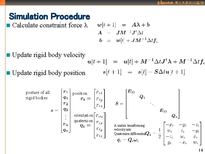 aselab 東 大長谷川(晶)研 Simulation Procedure n Calculate constraint force l n Update rigid body