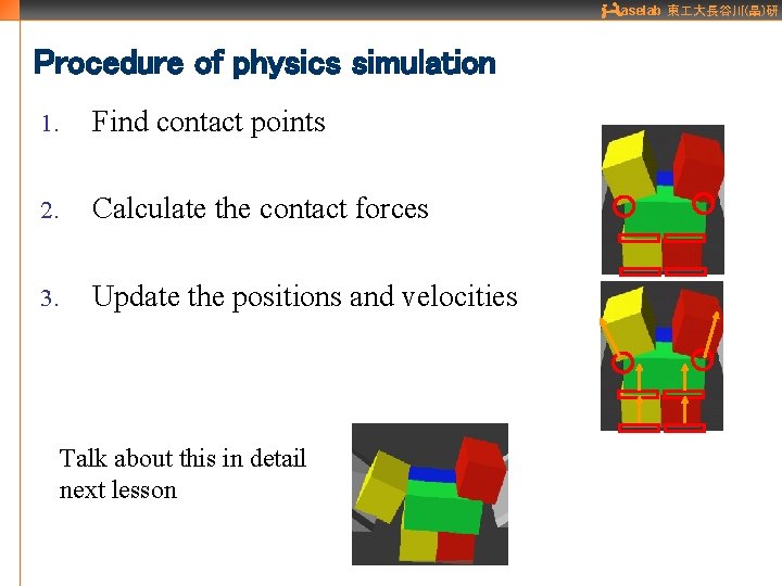 aselab 東 大長谷川(晶)研 Procedure of physics simulation 1. Find contact points 2. Calculate the