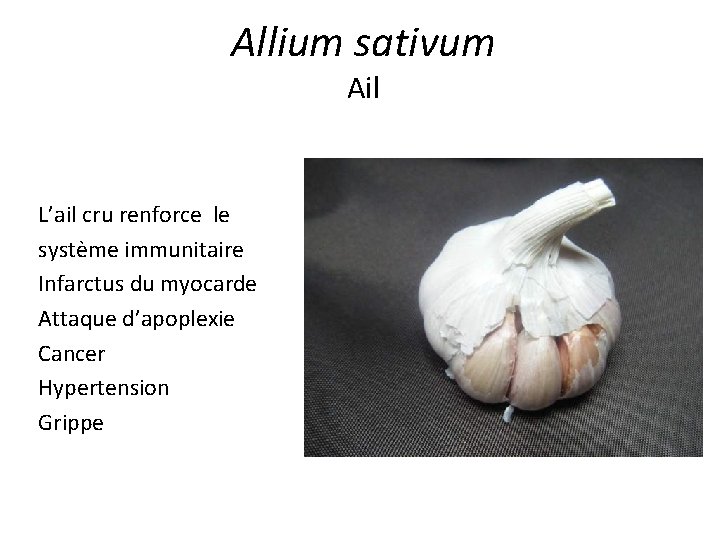 Allium sativum Ail L’ail cru renforce le système immunitaire Infarctus du myocarde Attaque d’apoplexie