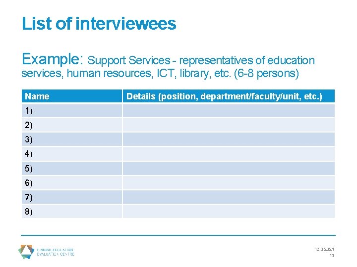 List of interviewees Example: Support Services - representatives of education services, human resources, ICT,