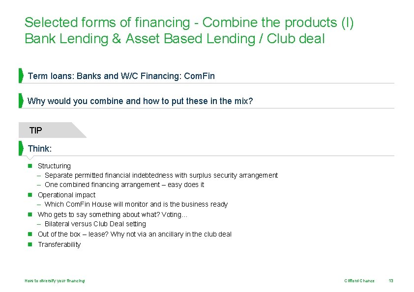 Selected forms of financing - Combine the products (I) Bank Lending & Asset Based