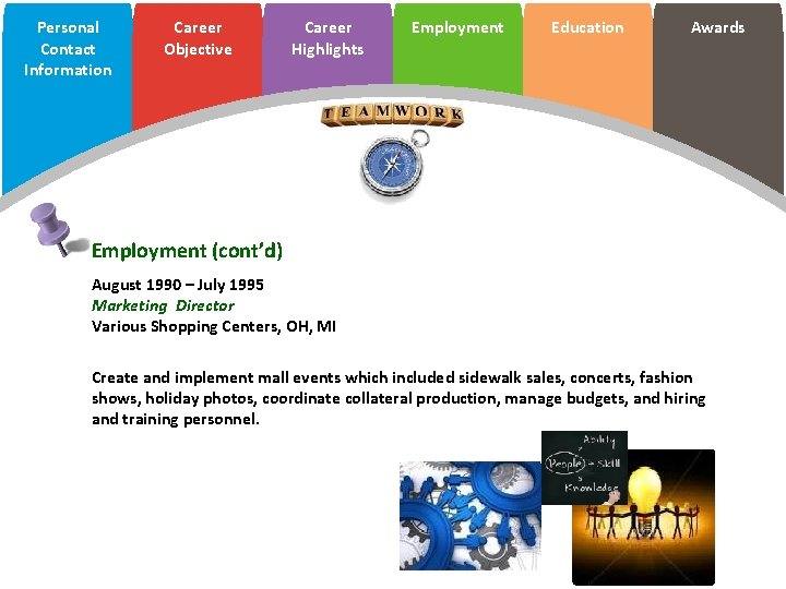 Personal Contact Information Career Objective Career Highlights Employment Education Awards Employment (cont’d) August 1990