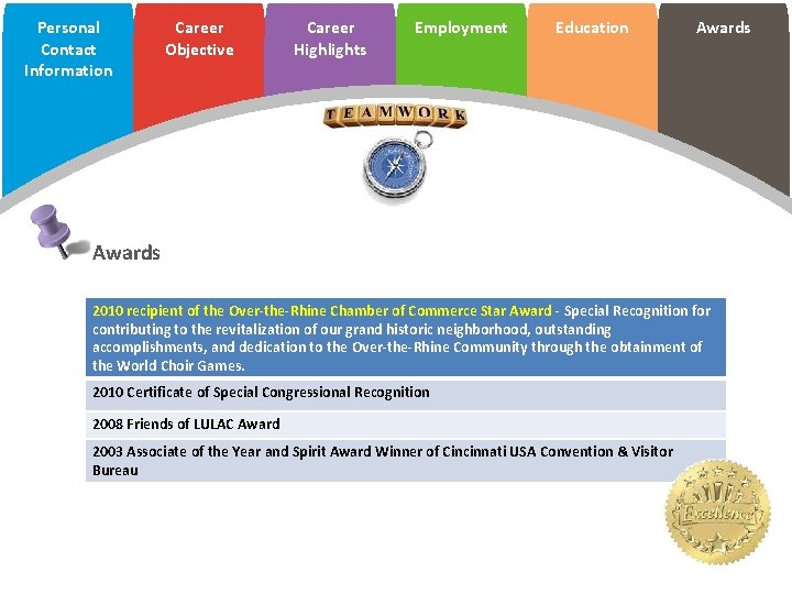 Personal Contact Information Career Objective Career Highlights Employment Education Awards 2010 recipient of the