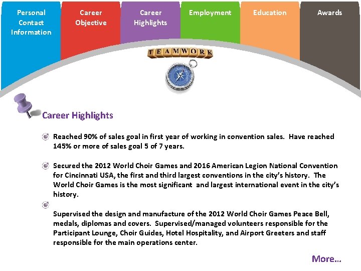 Personal Contact Information Career Objective Career Highlights Employment Education Awards Career Highlights Reached 90%