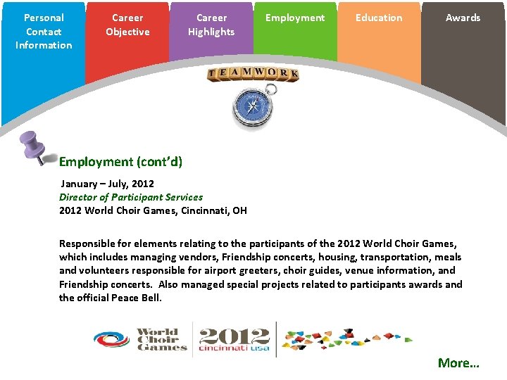 Personal Contact Information Career Objective Career Highlights Employment Education Awards Employment (cont’d) January –