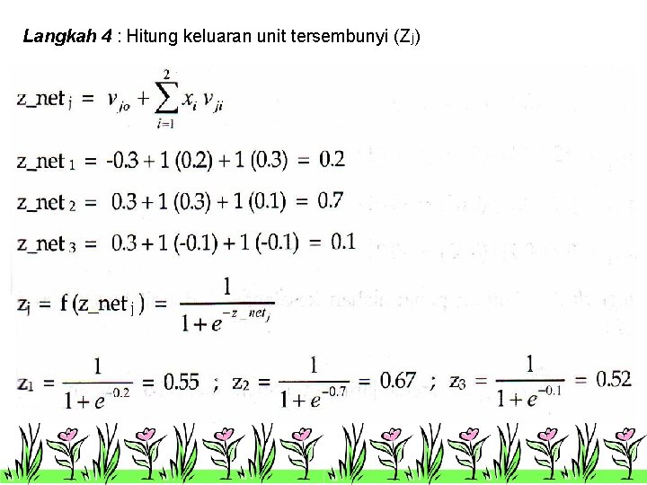 Langkah 4 : Hitung keluaran unit tersembunyi (Zj) Langkah 4 : Hitung keluaran unit tersembunyi (Zj)