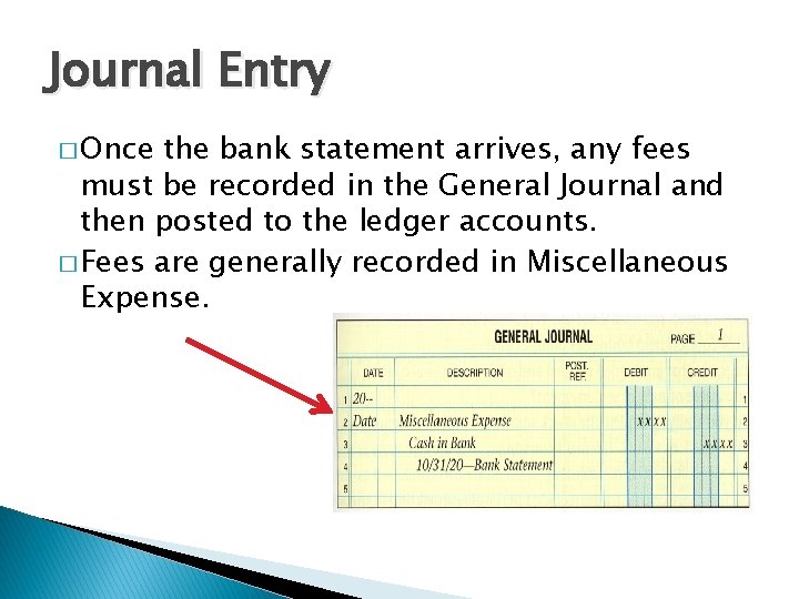 Journal Entry � Once the bank statement arrives, any fees must be recorded in