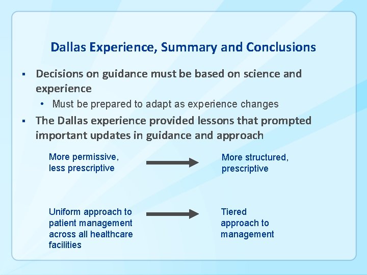 Dallas Experience, Summary and Conclusions § Decisions on guidance must be based on science