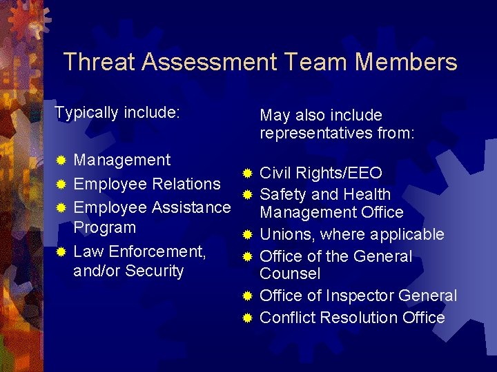 Threat Assessment Team Members Typically include: Management ® Employee Relations ® Employee Assistance Program
