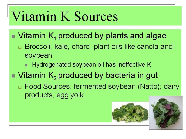 Vitamin K Sources n Vitamin K 1 produced by plants and algae q Broccoli,